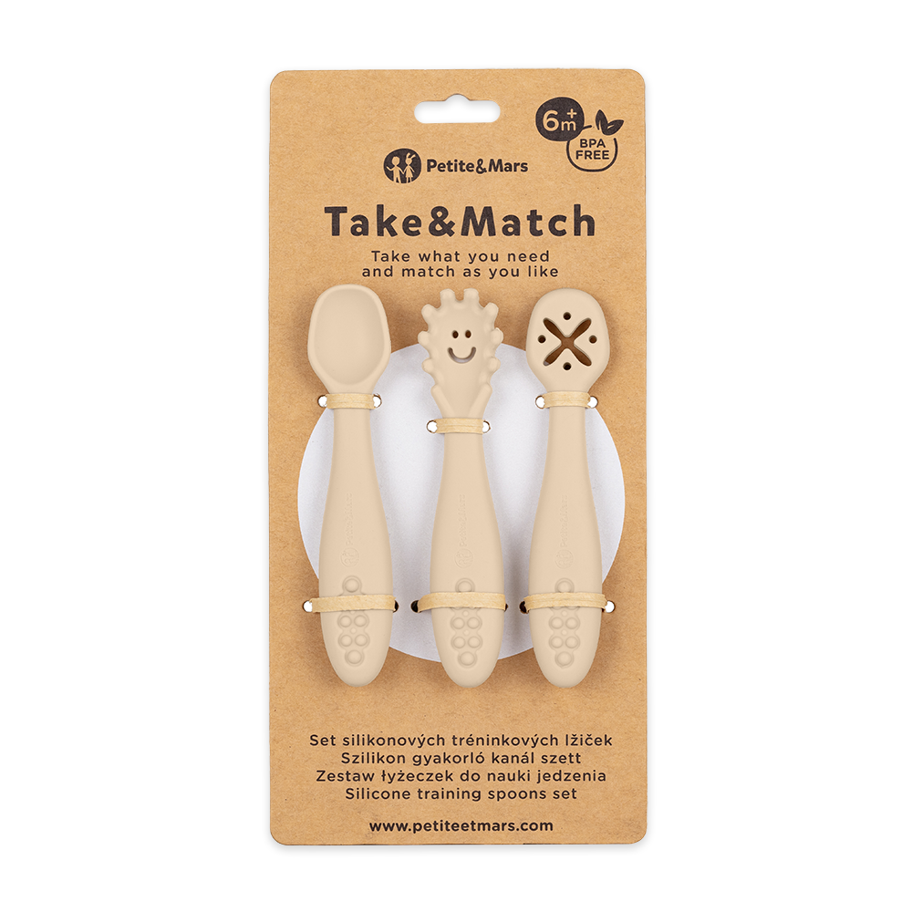 PETITE&MARS Set 3 ks silikónových tréningových lyžičiek Take&Match Desert Sand 6m+