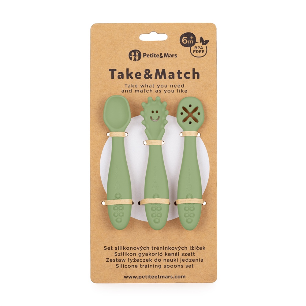 PETITE&MARS Set 3 ks silikónových tréningových lyžičiek Take&Match Sweet Pea 6m+