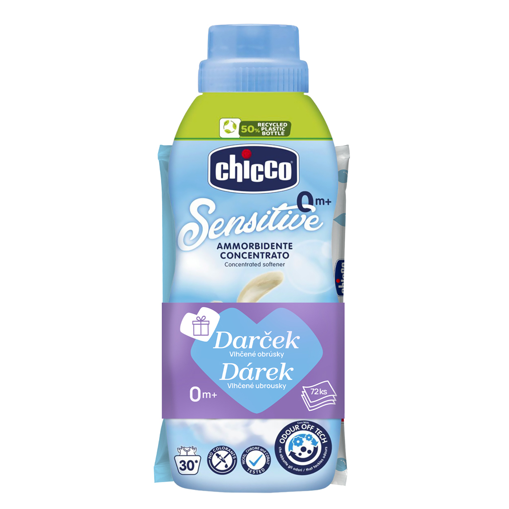 CHICCO Aviváž koncentrovaná Baby Sensitive Sladký púder 750ml + vlhčené obrúsky 72 ks zadarmo