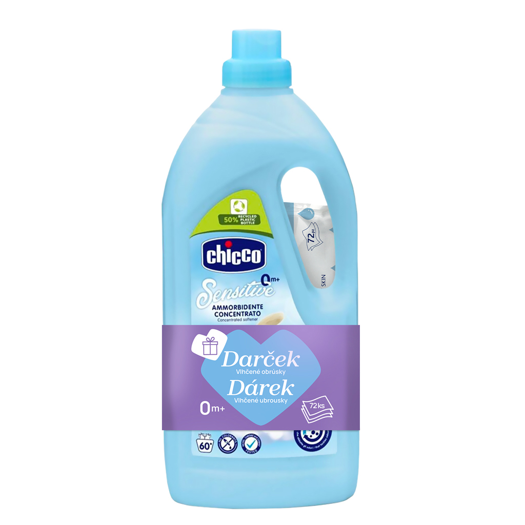 CHICCO Aviváž koncentrovaná Baby Sensitive Sladký púder 1,5 l, 60 praní + vlhčené obrúsky 72 ks zada
