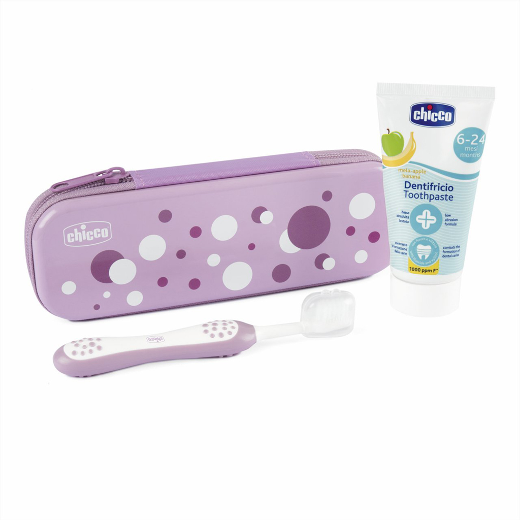 CHICCO Set zubná kefka a pasta v puzdre Always smiling Lilac, 6m+
