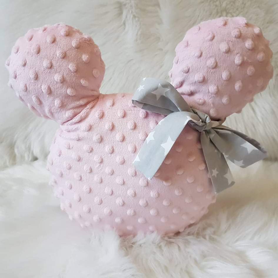 Handmade Mickey vankúšik minky ružový so sivou mašľou