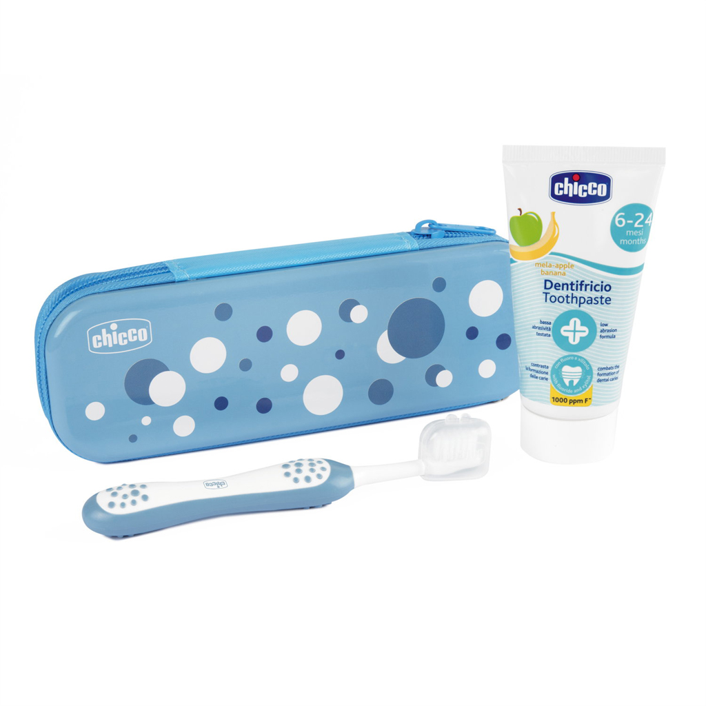 CHICCO Set zubná kefka a pasta v puzdre Always smiling - light blue, 6m+