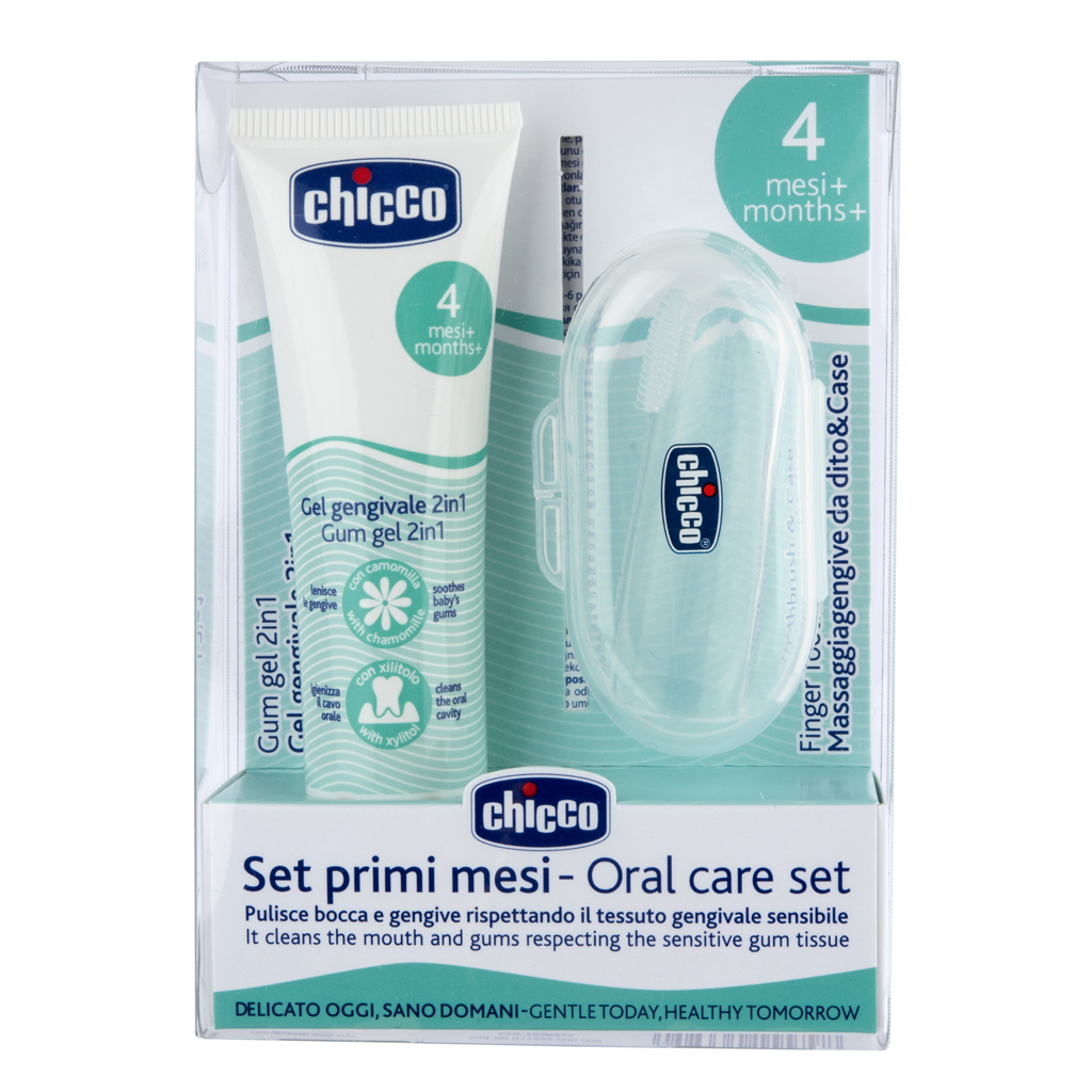 CHICCO Set zubný upokojujúci gél a kefka na prst s puzdrom 4m+