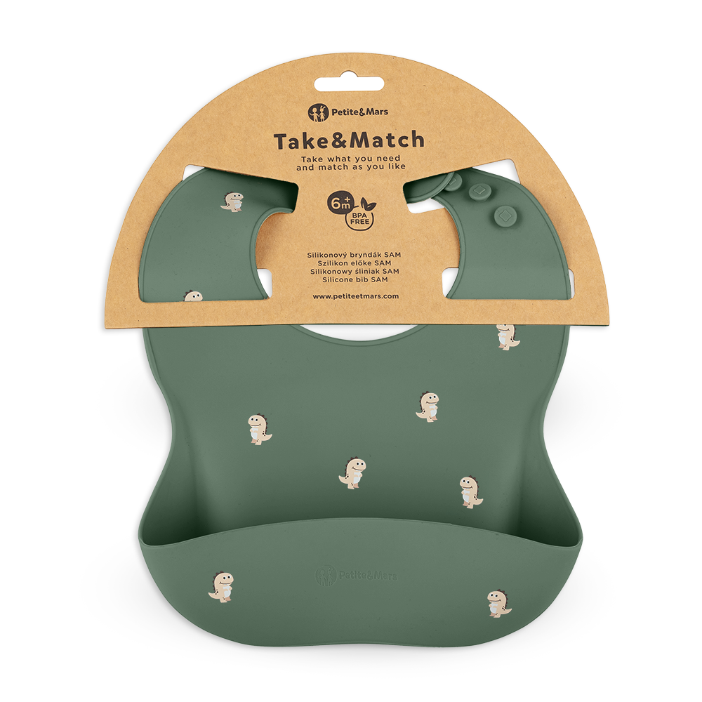 PETITE&amp;MARS Podbradník silikónový Take&amp;Match Green Dinos 6m+
