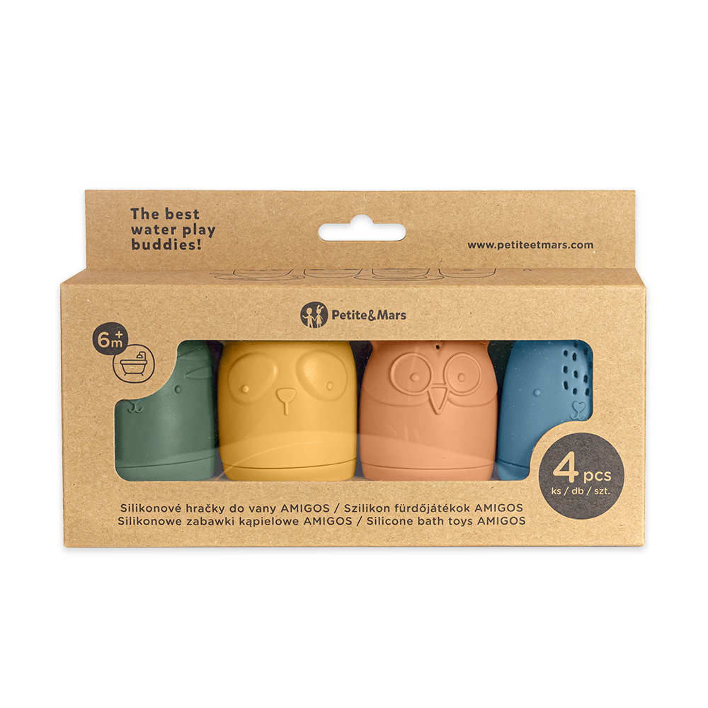 PETITE&amp;MARS Hračky silikónové do vody AMIGOS 4 ks 6m+