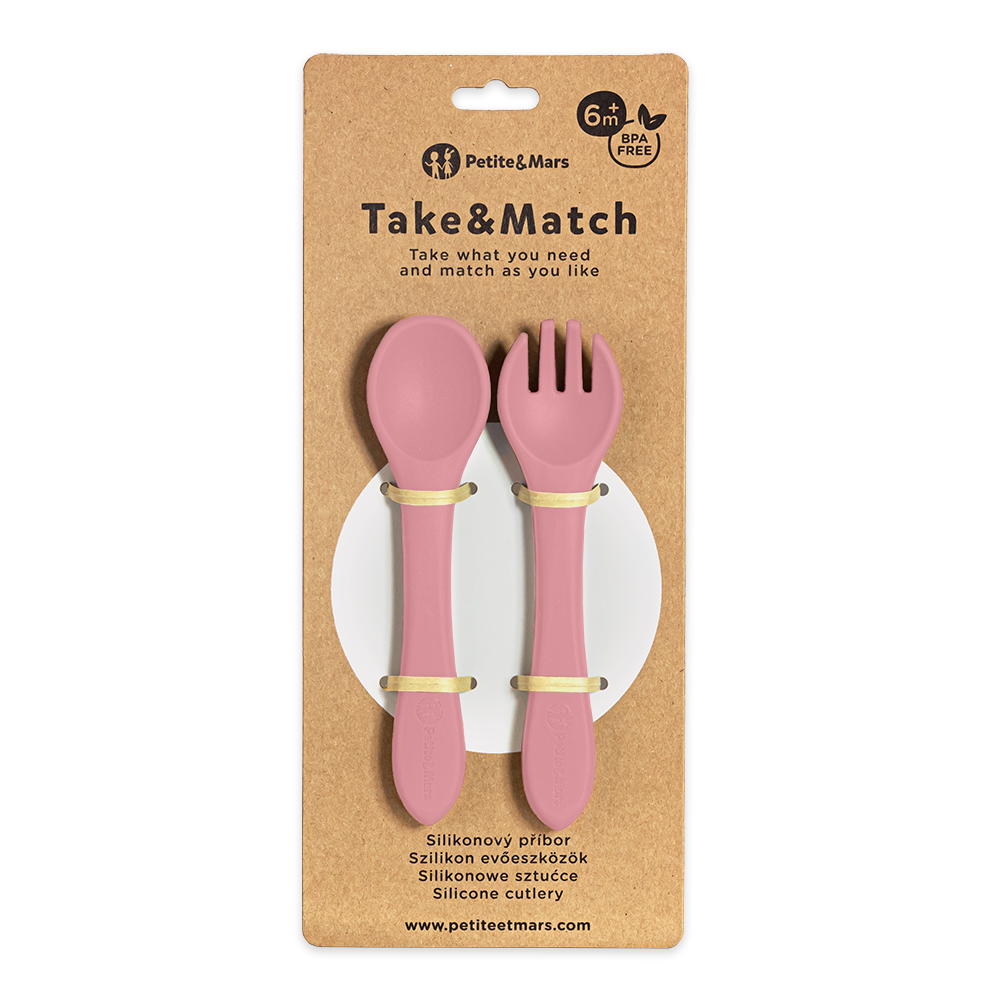 PETITE&amp;MARS Príbor silikónový TAKE&amp;MATCH Dusty Rose 6m+