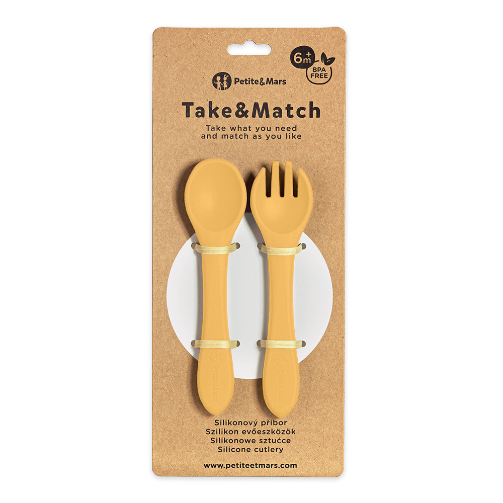 PETITE&amp;MARS Príbor silikónový TAKE&amp;MATCH Intense Ochre 6m+