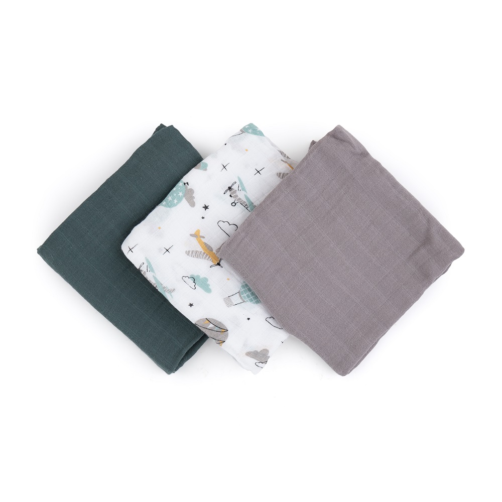 PETITE&amp;MARS Sada plienok bambusová mušelínová 3ks Moussy Grey Planes, 68 x 68 cm