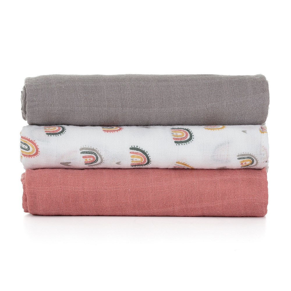 PETITE&amp;MARS Sada plienok bambusová mušelínová 3ks Moussy Rose Rainbows, 68 x 68 cm