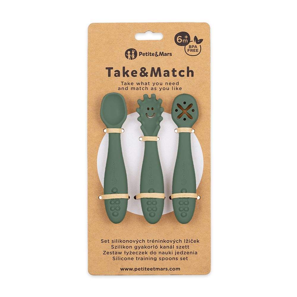 PETITE&amp;MARS Set 3 ks silikónových tréningových lyžičiek Take&amp;Match Misty Green 6m+