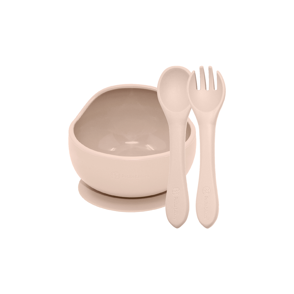 PETITE&amp;MARS Set jedálenský silikónový TAKE&amp;MATCH 2 ks miska + príbor Desert Sand 6m+