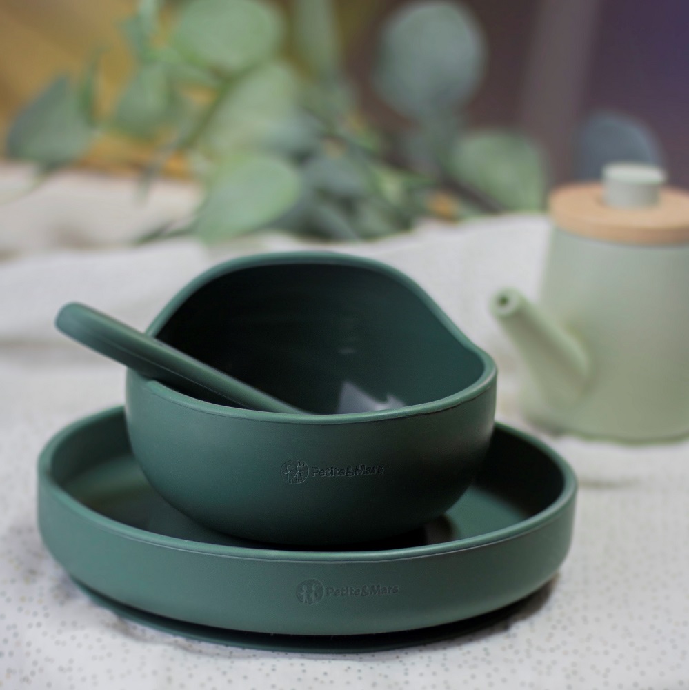 PETITE&amp;MARS Set jedálenský silikónový TAKE&amp;MATCH 2 ks tanier + miska Misty Green 6m+