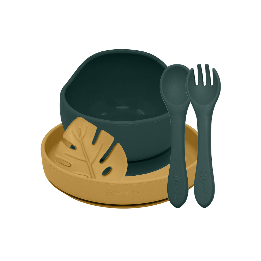 PETITE&amp;MARS Set jedálenský silikónový TAKE&amp;MATCH 4 ks Misty Green - Intense Ochre 6m+