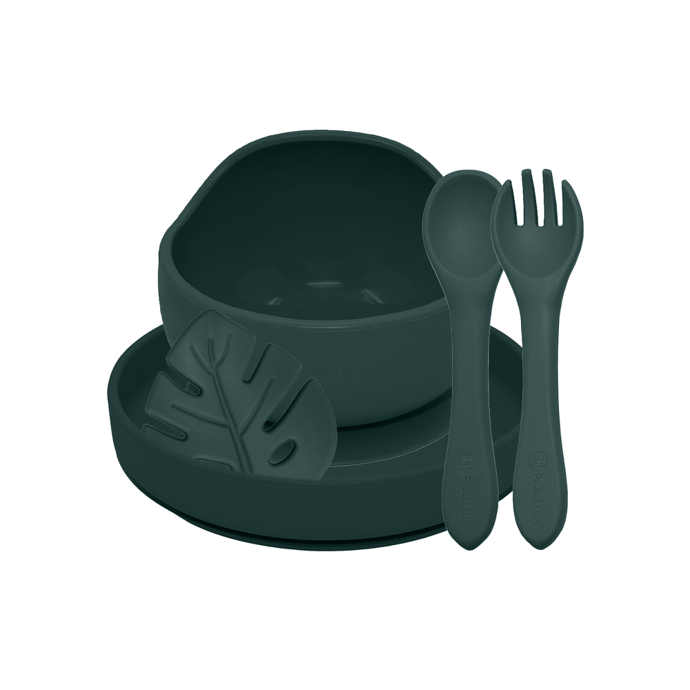 PETITE&amp;MARS Set jedálenský silikónový TAKE&amp;MATCH 4 ks Misty Green 6m+