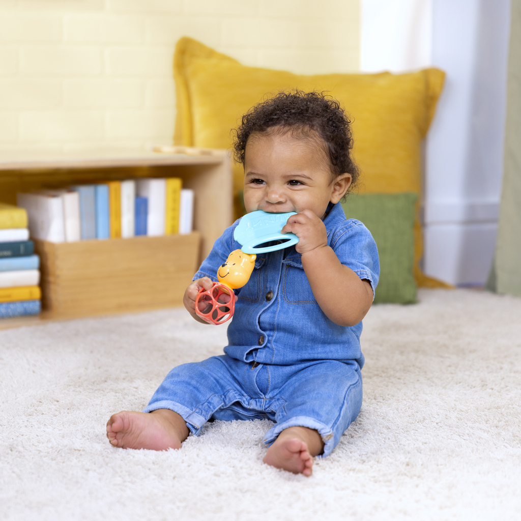 BRIGHT STARTS Hryzačka s hrkálkou Winnie the Pooh™ Hunny &amp; Shake™ 2ks, 0m+