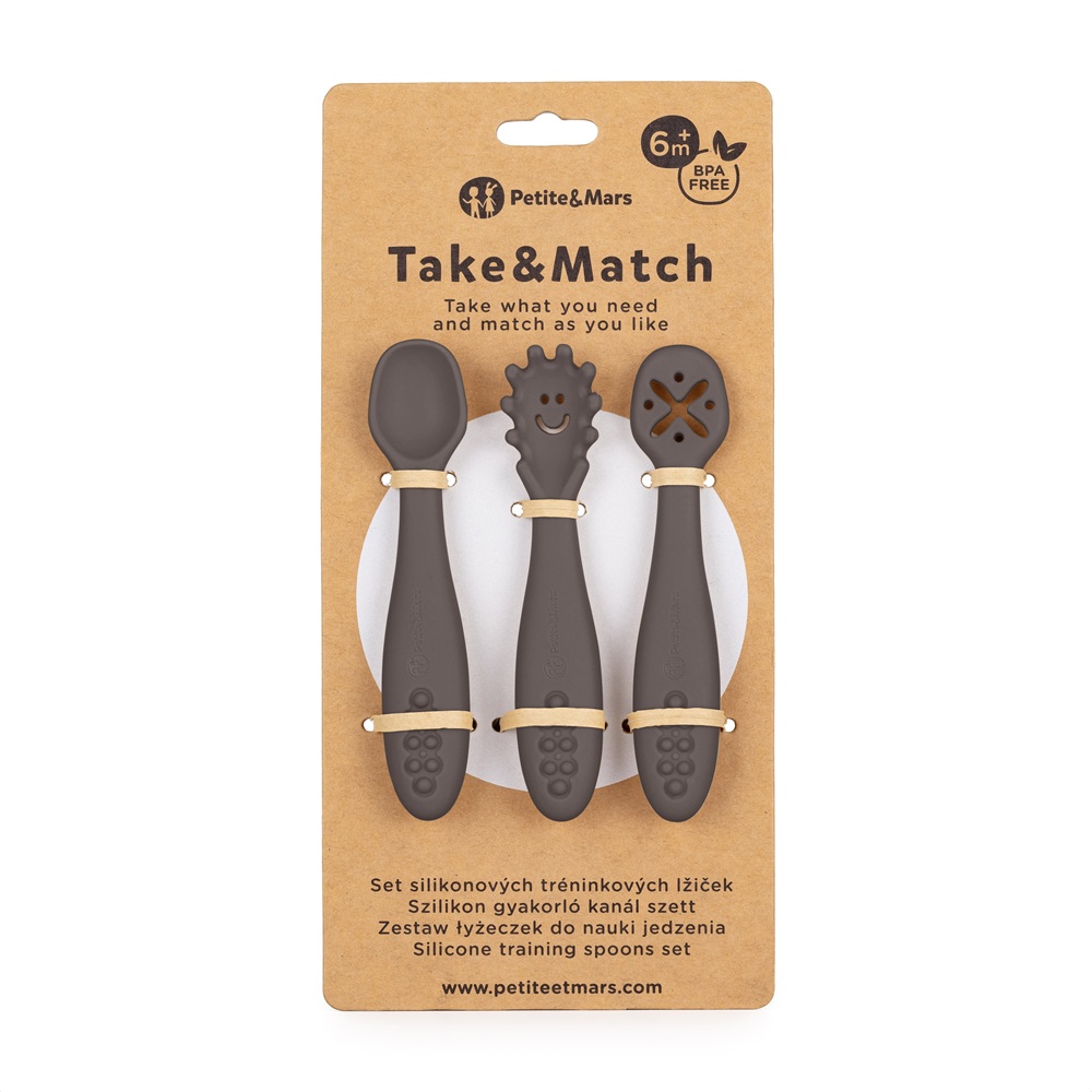 PETITE&amp;MARS Set 3 ks silikónových tréningových lyžičiek Take&amp;Match Bitter Cocoa 6m+