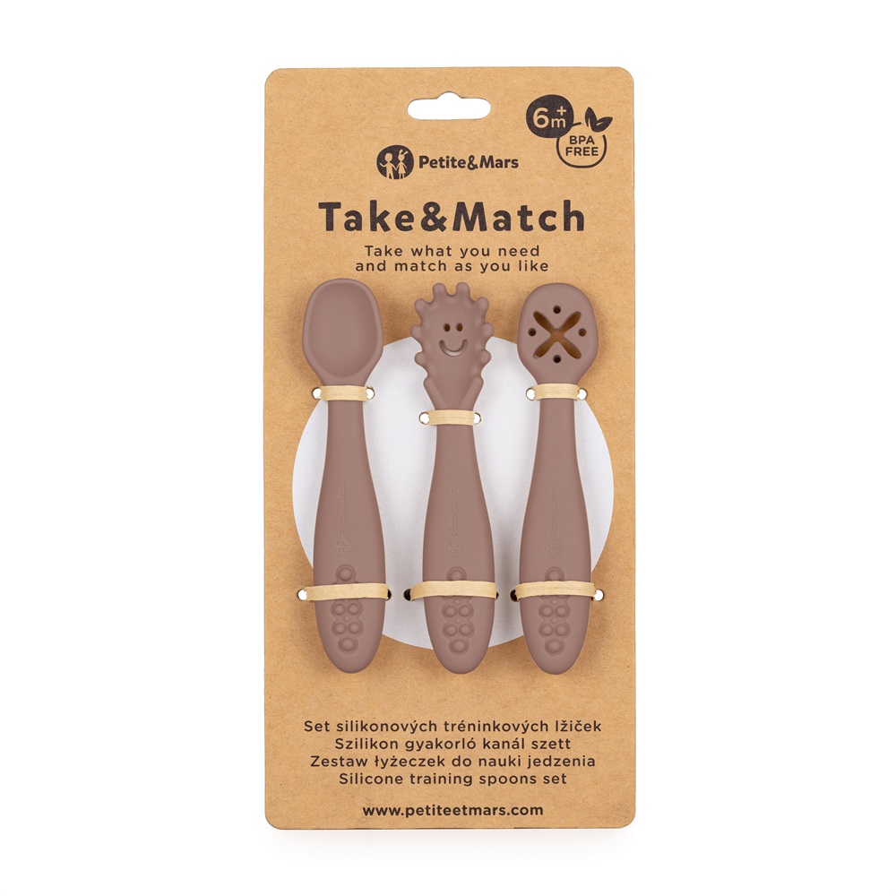 PETITE&amp;MARS Set 3 ks silikónových tréningových lyžičiek Take&amp;Match Velvet Latte 6m+