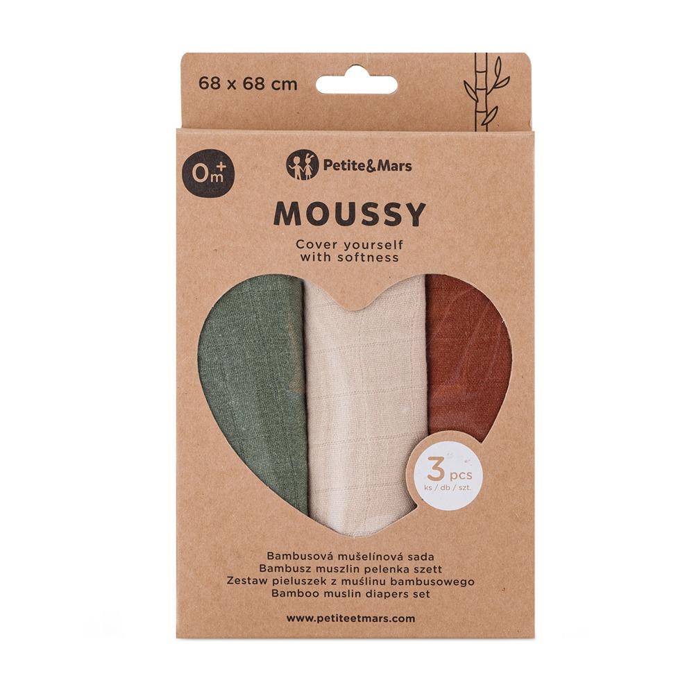 PETITE &amp; MARS Sada plienok bambusová mušelínová 3ks Moussy Earth Tones 68 x 68 cm