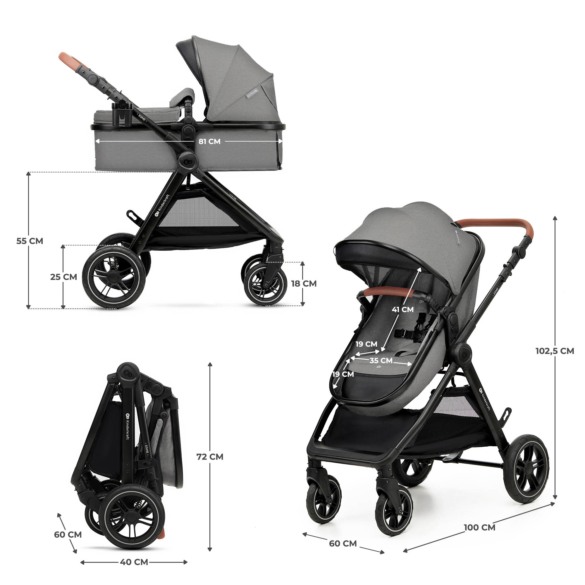 KINDERKRAFT Kočík kombinovaný 3v1 Esme Pro Moonlight Grey