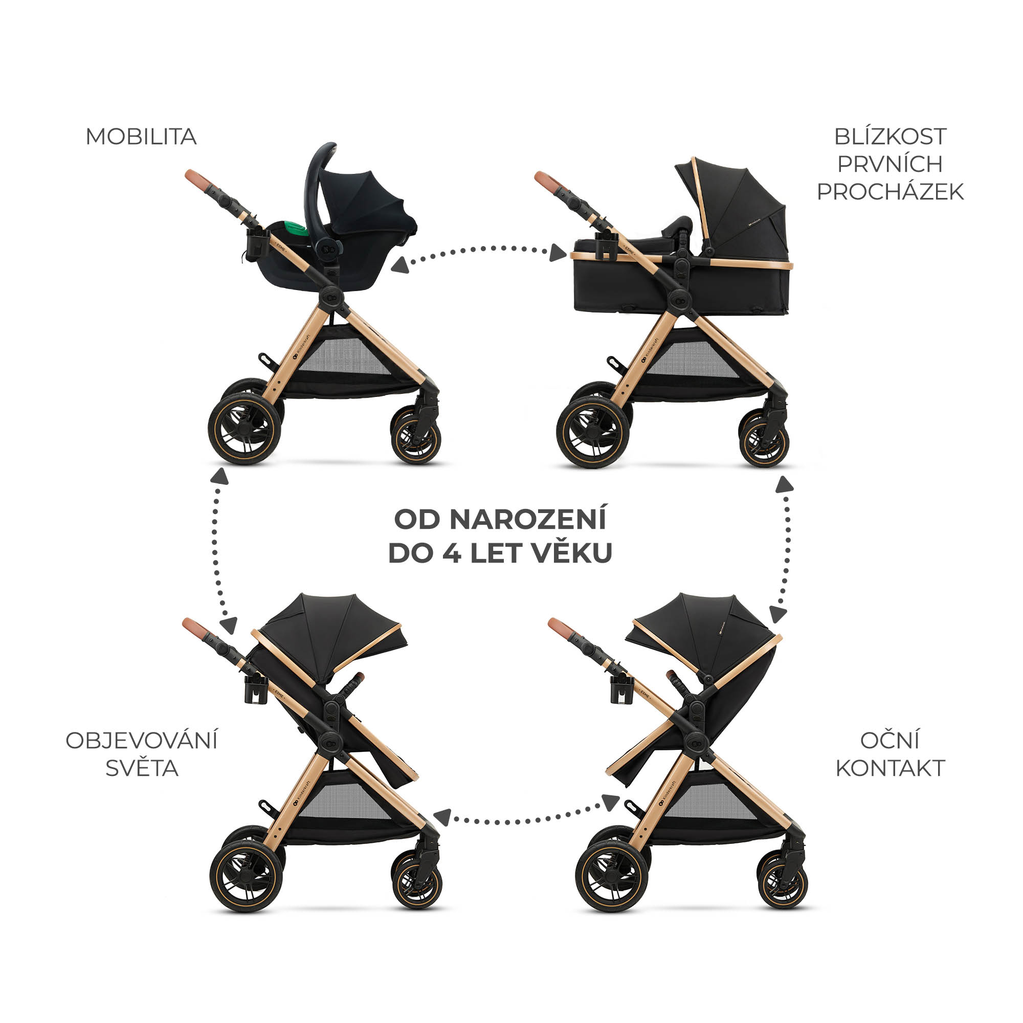 KINDERKRAFT Kočík kombinovaný 3v1 Esme Pro Pure Black