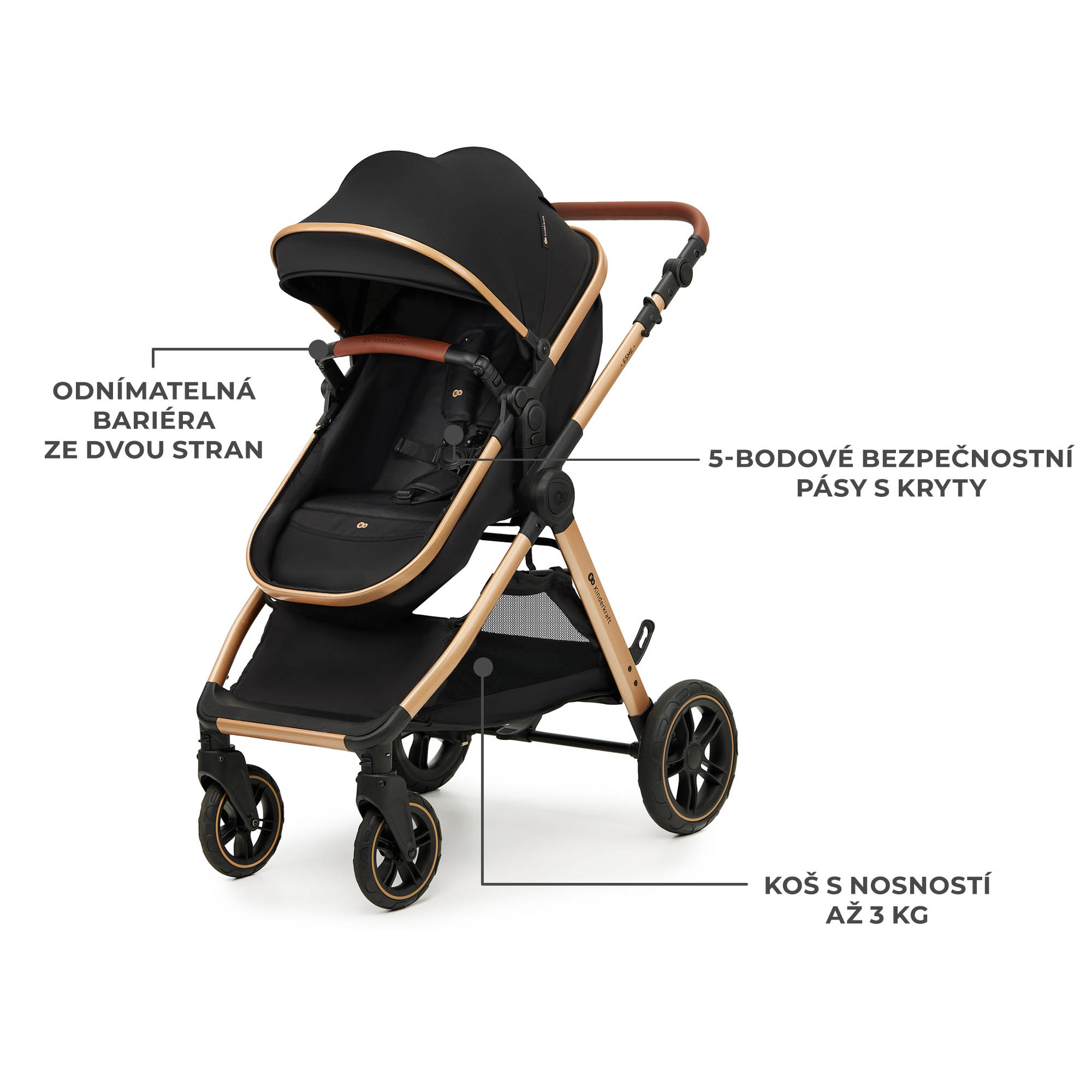 KINDERKRAFT Kočík kombinovaný 3v1 Esme Pro Pure Black