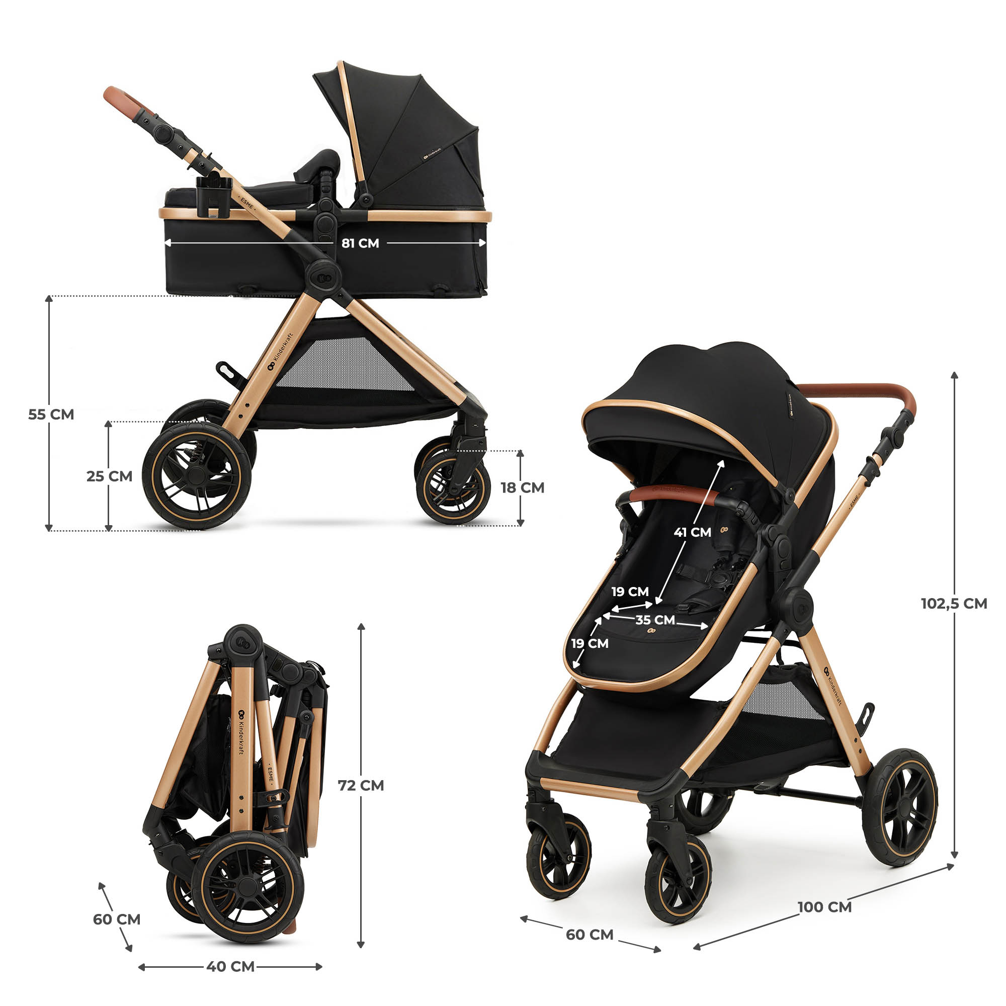 KINDERKRAFT Kočík kombinovaný 3v1 Esme Pro Pure Black