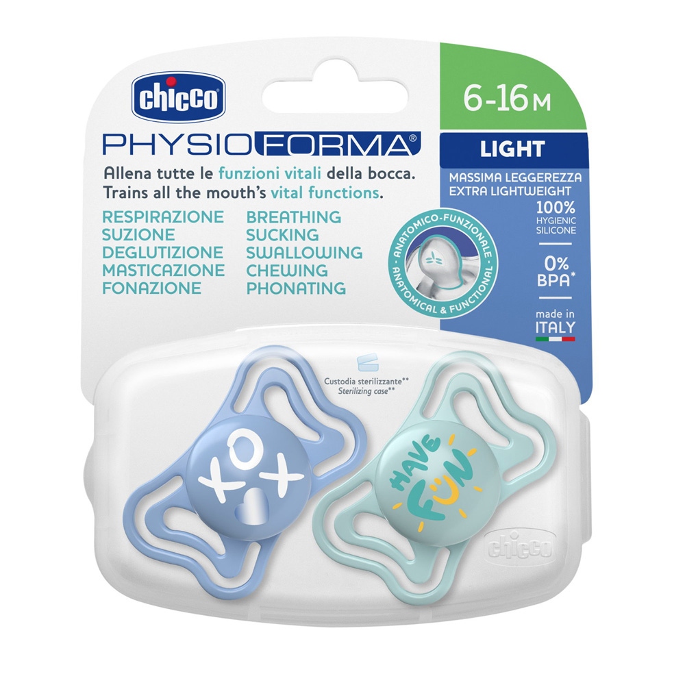CHICCO Cumlík Physio Light silikónový chlapec 6-16m, 2 ks