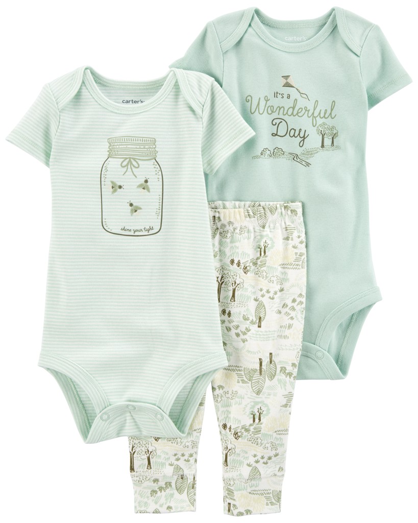 CARTERS Set 3dielny body kr. rukáv 2ks, legíny Green Firefly neutrál NB/ veľ. 56