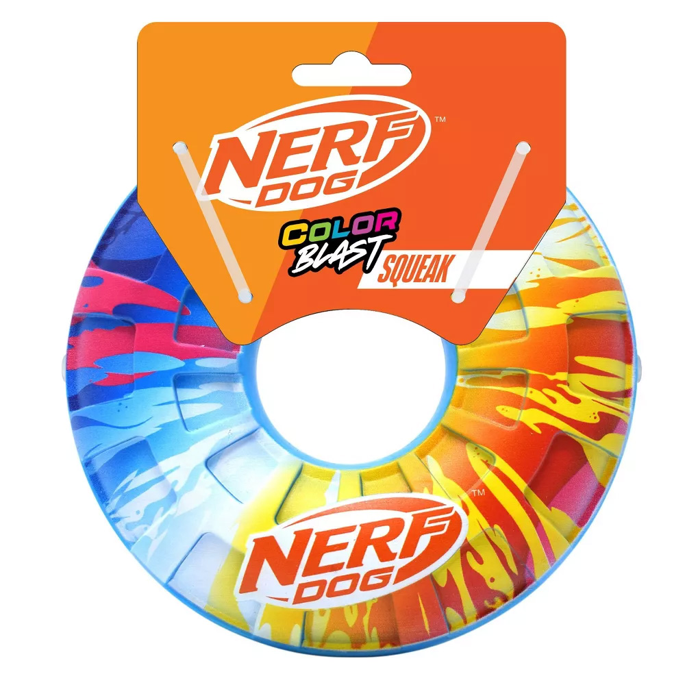 NERF DOG Hračka pre psov pískací kruh s farebným úchopom 15 cm