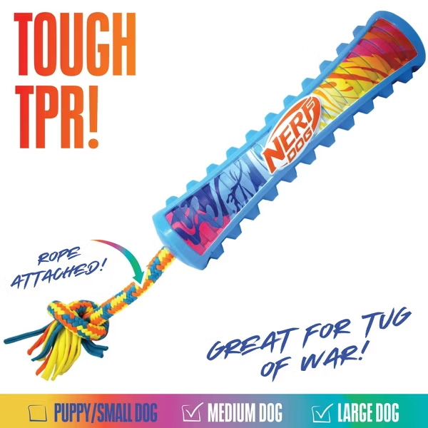 NERF DOG Hračka pre psov pískacie tiahlo s farebným úchopom a textilným lanom 29 cm