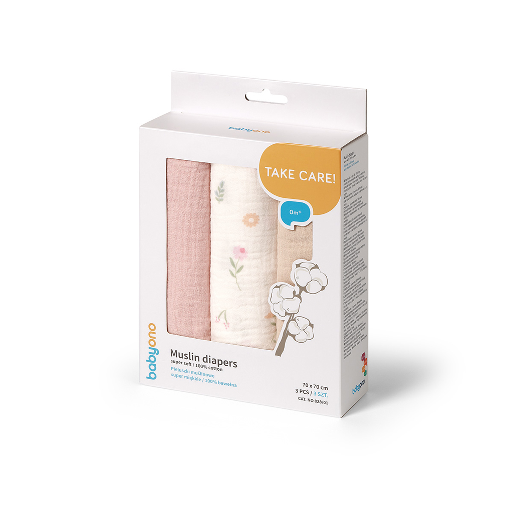 BABYONO Plienky mušelínové Super Soft 3 ks, Pink 70 x 70 cm
