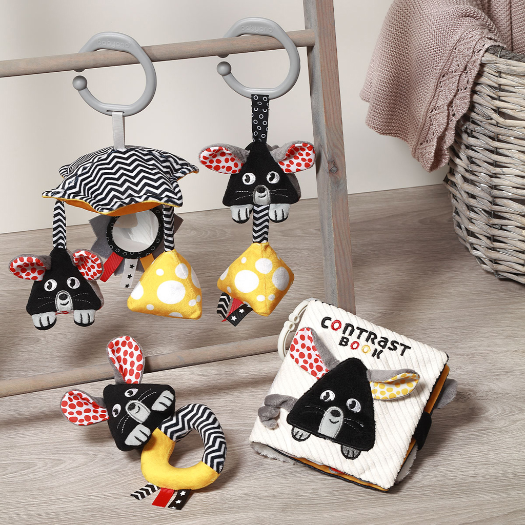 BABYONO Hračka závesná kontrastná na C krúžku Mouse 0 m+