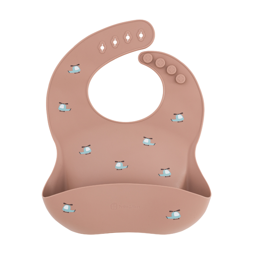 PETITE&amp;MARS Podbradník silikónový Take&amp;Match Blue Helicopters 6m+