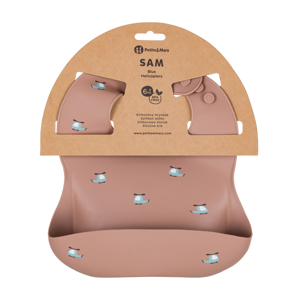 PETITE&MARS Podbradník silikónový Take&Match Blue Helicopters 6m+