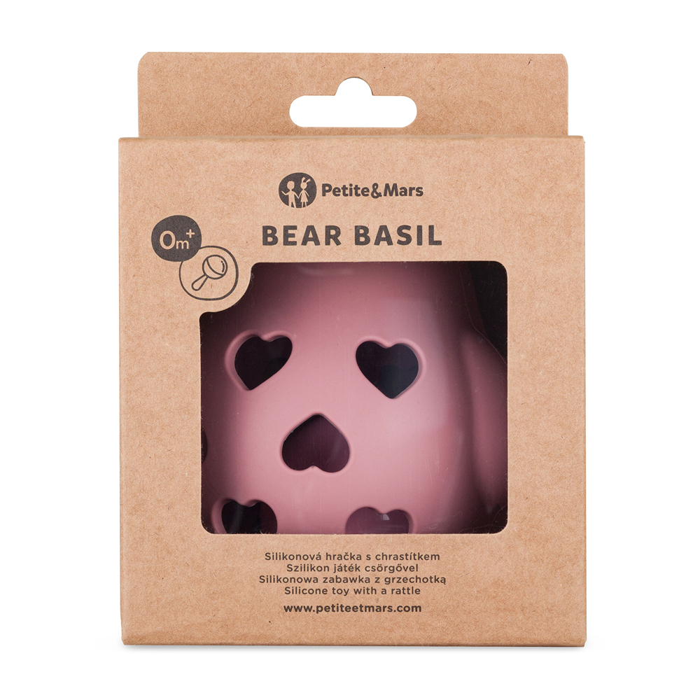 PETITE&amp;MARS Hračka silikónová s hrkálkou Bear Basil Dusty Rose 0m+