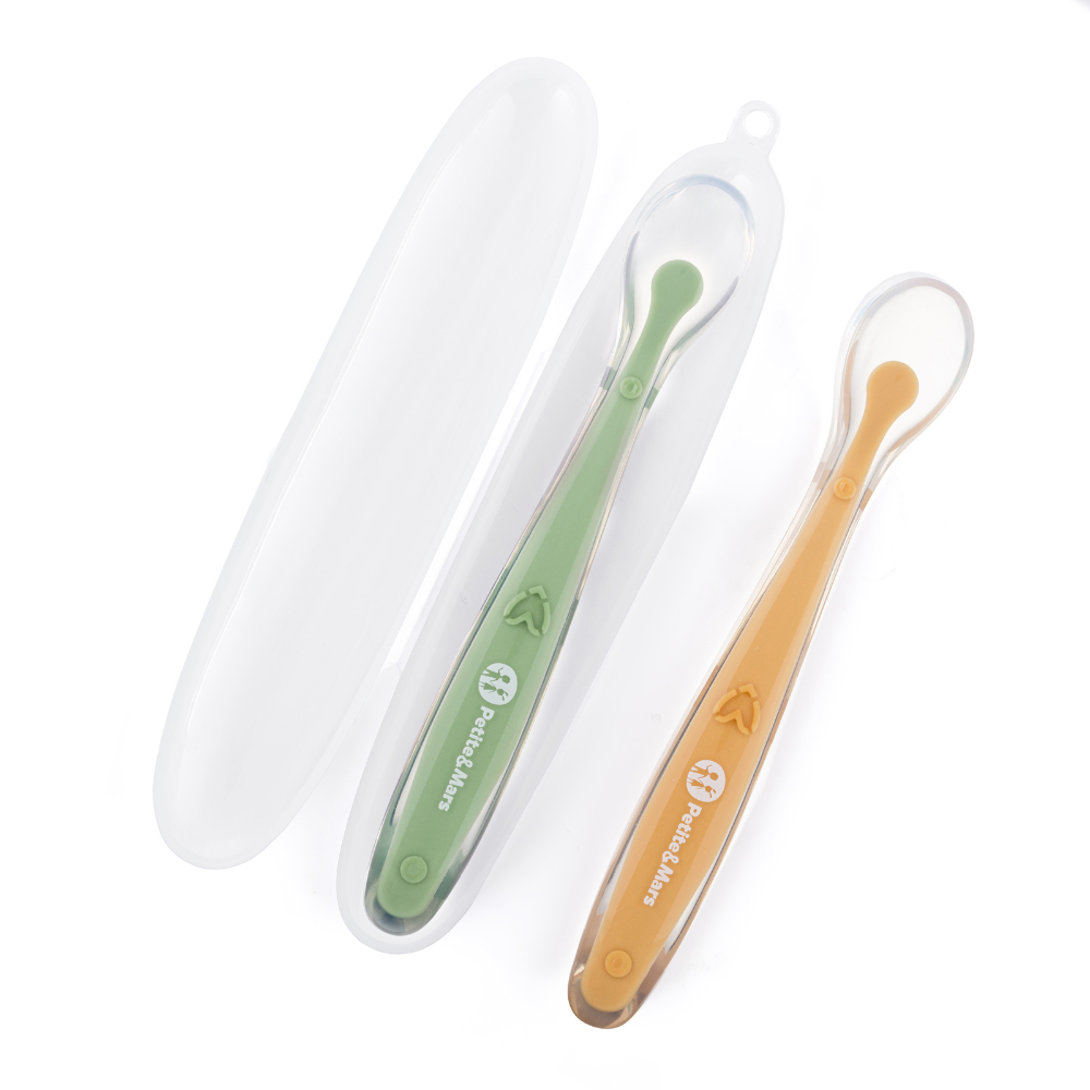 PETITE&amp;MARS Silikónové lyžičky s puzdrom, sada 2 ks, Take&amp;Match Pea - Ochre 6m+