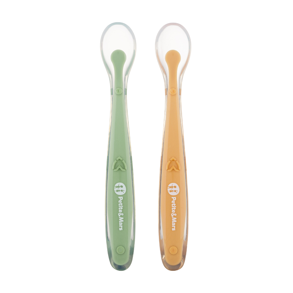 PETITE&MARS Silikónové lyžičky s puzdrom, sada 2 ks, Take&Match Pea - Ochre 6m+
