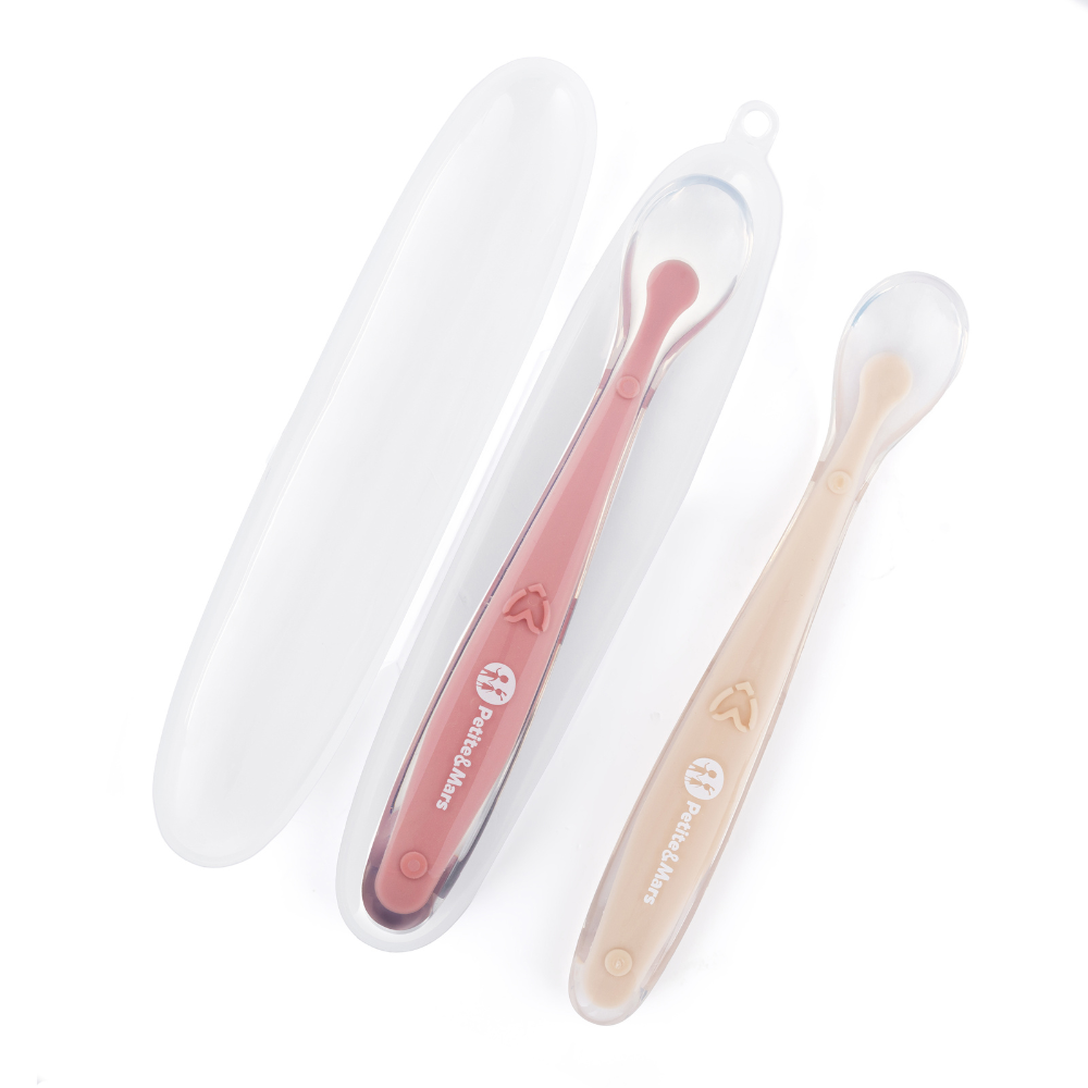 PETITE&amp;MARS Silikónové lyžičky s puzdrom, sada 2 ks, Take&amp;Match Sand - Rose 6m+