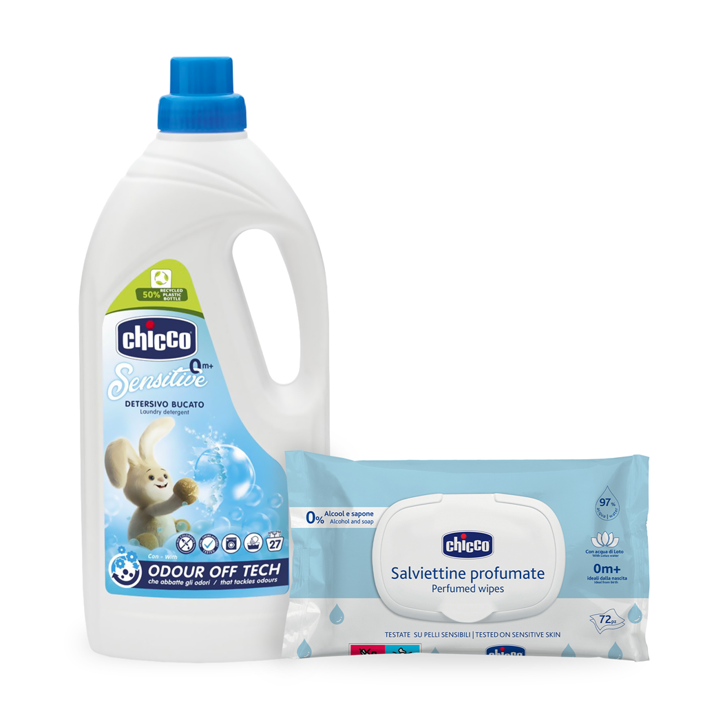 CHICCO Prací gél Baby Sensitive 1,5 l (27 praní) + vlhčené obrúsky 72 ks zadarmo