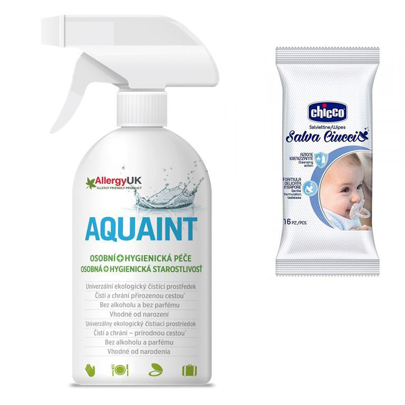 CHICCO Obrúsky vlhčené na cumlík 16 ks + AQUAINT 500 ml