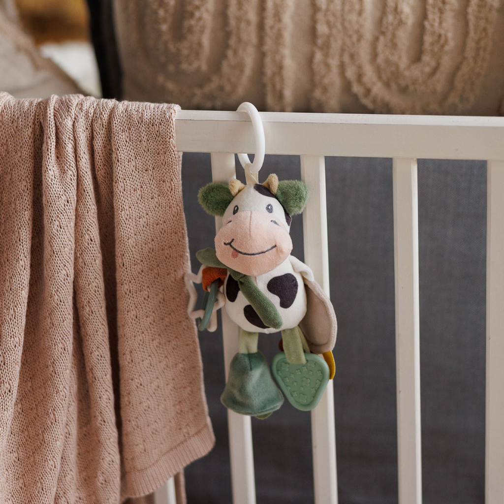 BABYONO Hračka závesná s hryzačkou Cow Bingo 0m+