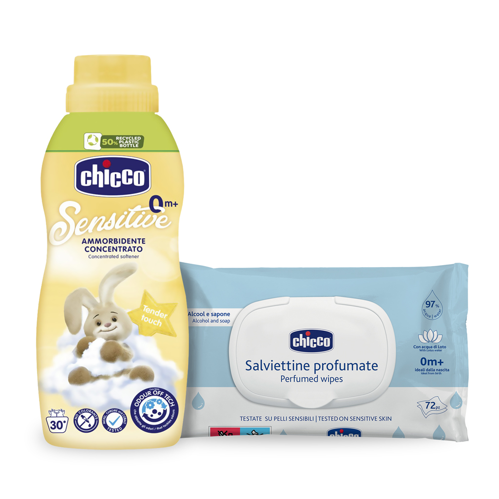 CHICCO Aviváž koncentrovaná Baby Sensitive Jemný dotyk 750 ml + vlhčené obrúsky 72 ks zadarmo
