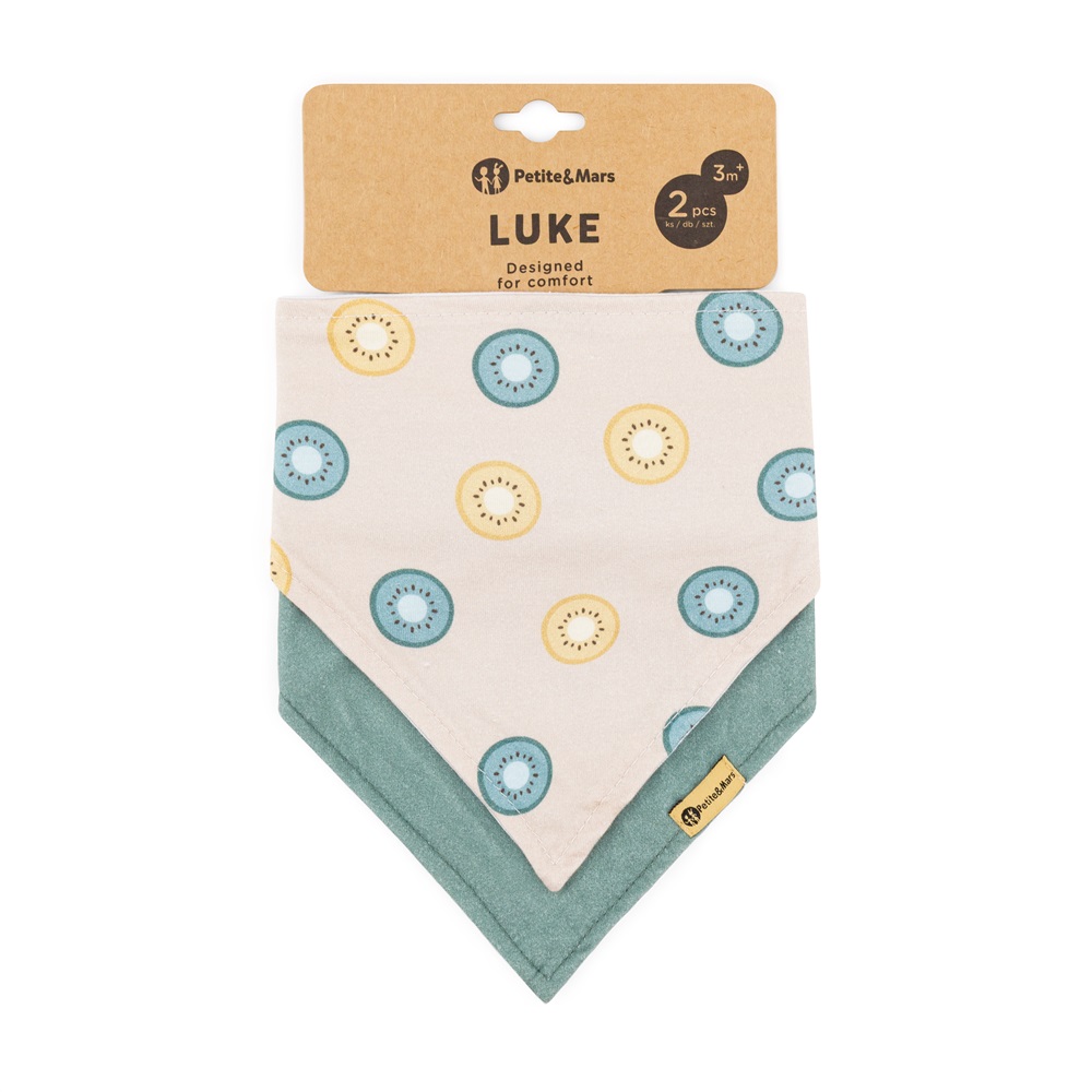 PETITE&MARS Podbradník bandana Luke 2 ks  Beige Kiwis&Misty Green 3m+