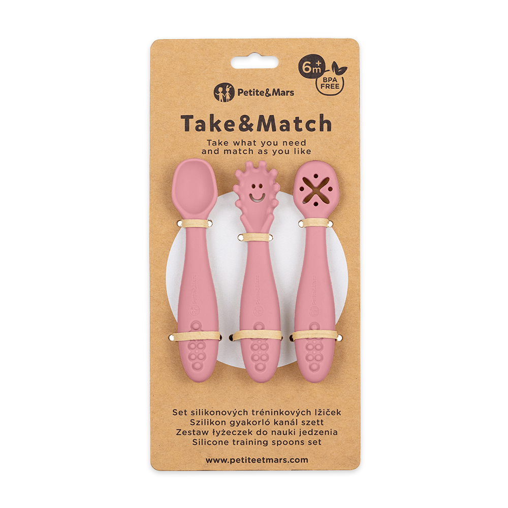 PETITE&amp;MARS Set 3 ks silikónových tréningových lyžičiek Take&amp;Match Dusty Rose 6m+