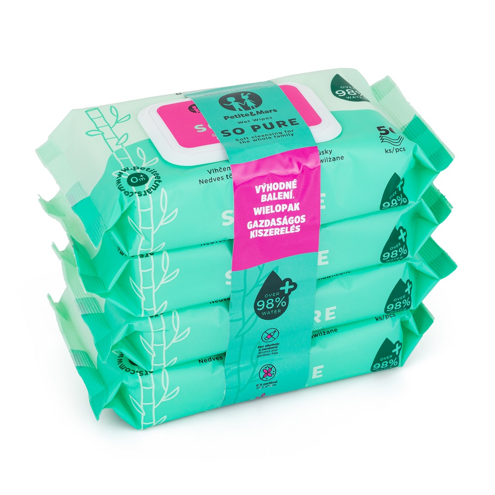 4x PETITE&amp;MARS Obrúsky vlhčené SO PURE bambusové bioodbúrateľné 56 ks