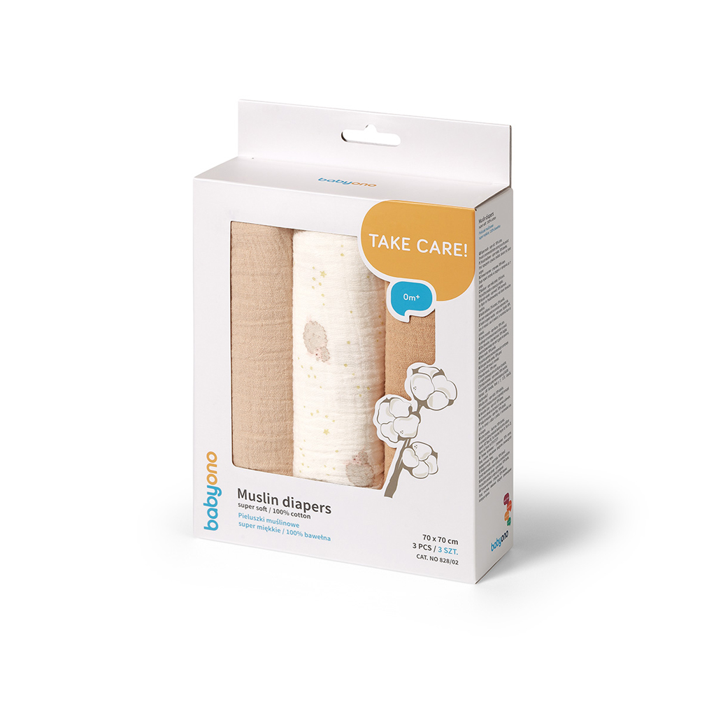 BABYONO Plienky mušelínové Super Soft 3 ks, Beige 70 x 70 cm