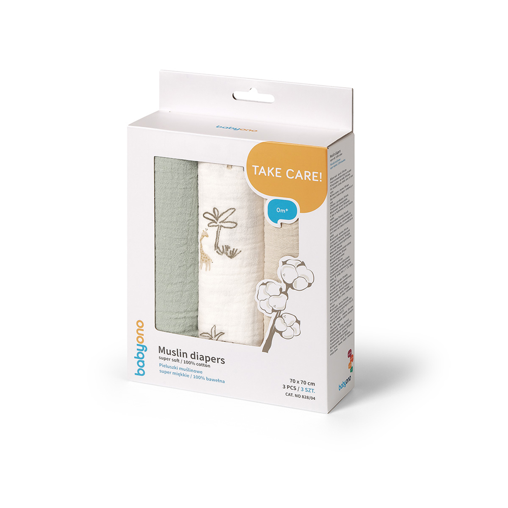 BABYONO Plienky mušelínové Super Soft 3 ks, Green 70 x 70 cm