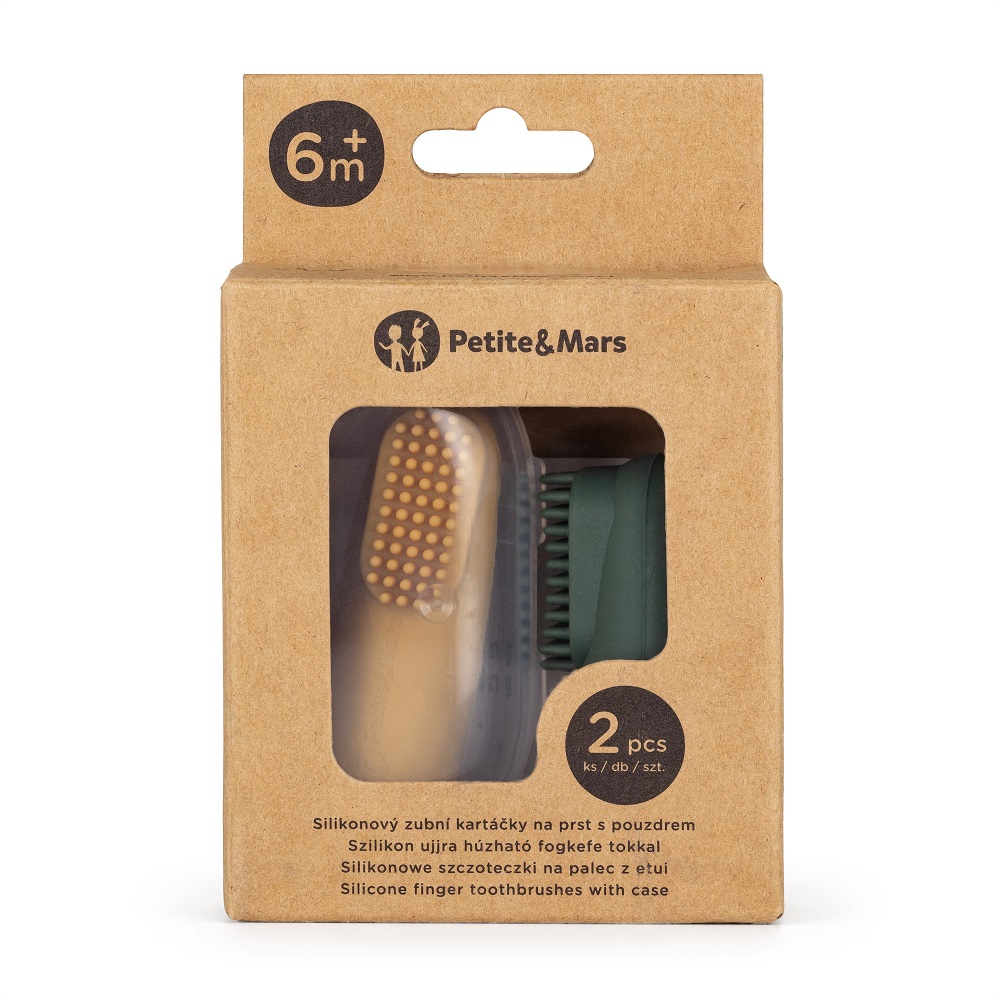 PETITE&amp;MARS Sada silikónových zubných kefiek na prst Ochre&amp;Green 2 ks 6m+