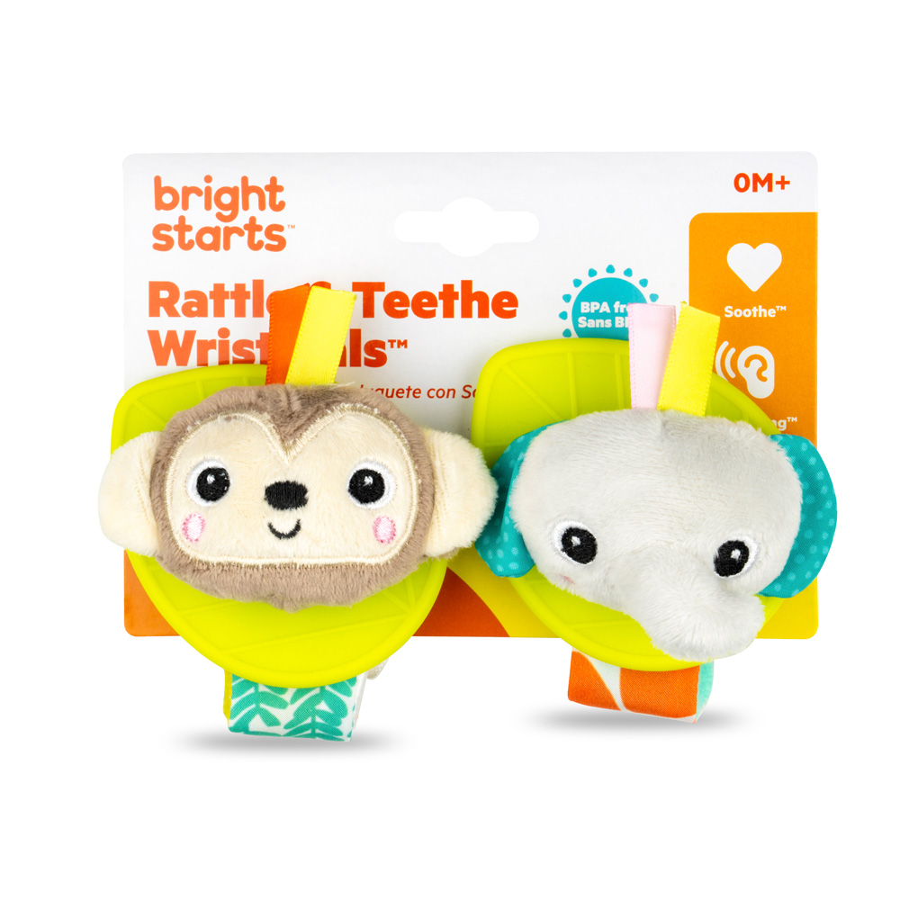 BRIGHT STARTS Hrkálka s hryzačkou na ruku 2 ks opica/slon 0m+